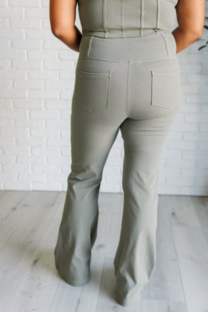 Building Habits Twill Flared Crossover Waist Pant in Dusty Olive