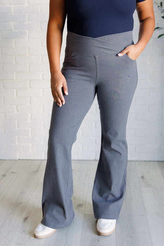 Building Habits Twill Flared Crossover Waist Pant in TitaniumBuild strong style with our Twill Flared Crossover Waist Pant in Titanium. The medium stretch fabric molds to your curves while the unique V-waistline, functional frAve ShopsLavender Life BoutiqueBuilding Habits Twill Flared Crossover Waist PantBottoms