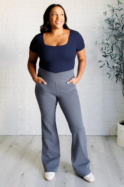 Building Habits Twill Flared Crossover Waist Pant in TitaniumBuild strong style with our Twill Flared Crossover Waist Pant in Titanium. The medium stretch fabric molds to your curves while the unique V-waistline, functional frAve ShopsLavender Life BoutiqueBuilding Habits Twill Flared Crossover Waist PantBottoms