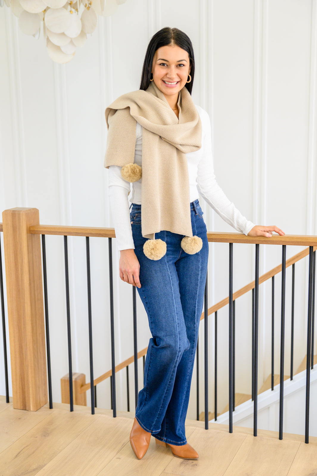 Knitted Fuzzy Pom Pom Scarf In Beige