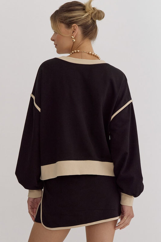 Solid Contrast Trim Long Sleeve Top in Black