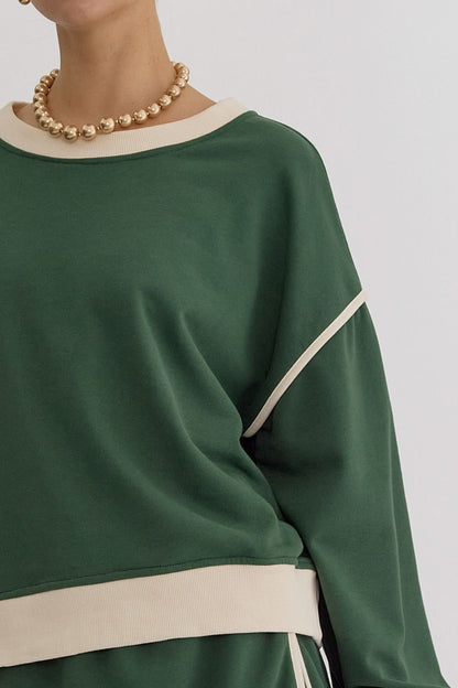 Solid Contrast Trim Long Sleeve Top in Hunter Green