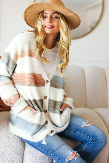 Button Down Stripe Soft Fuzzy Sweater Cardigan