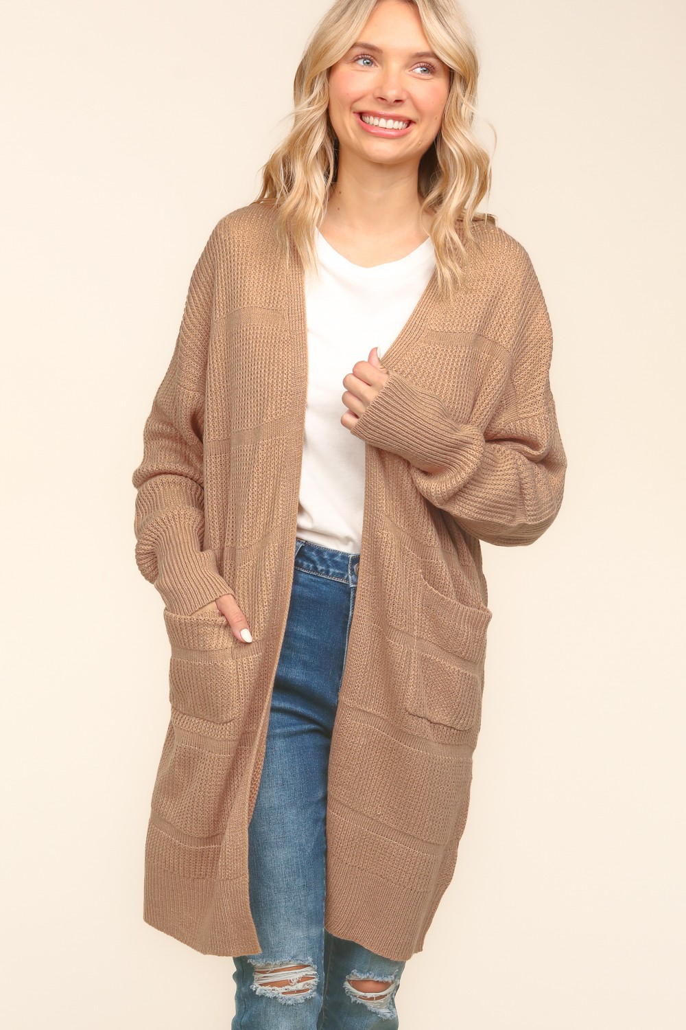 Stripe Textured Open Cardigan with Pockets in Taupe