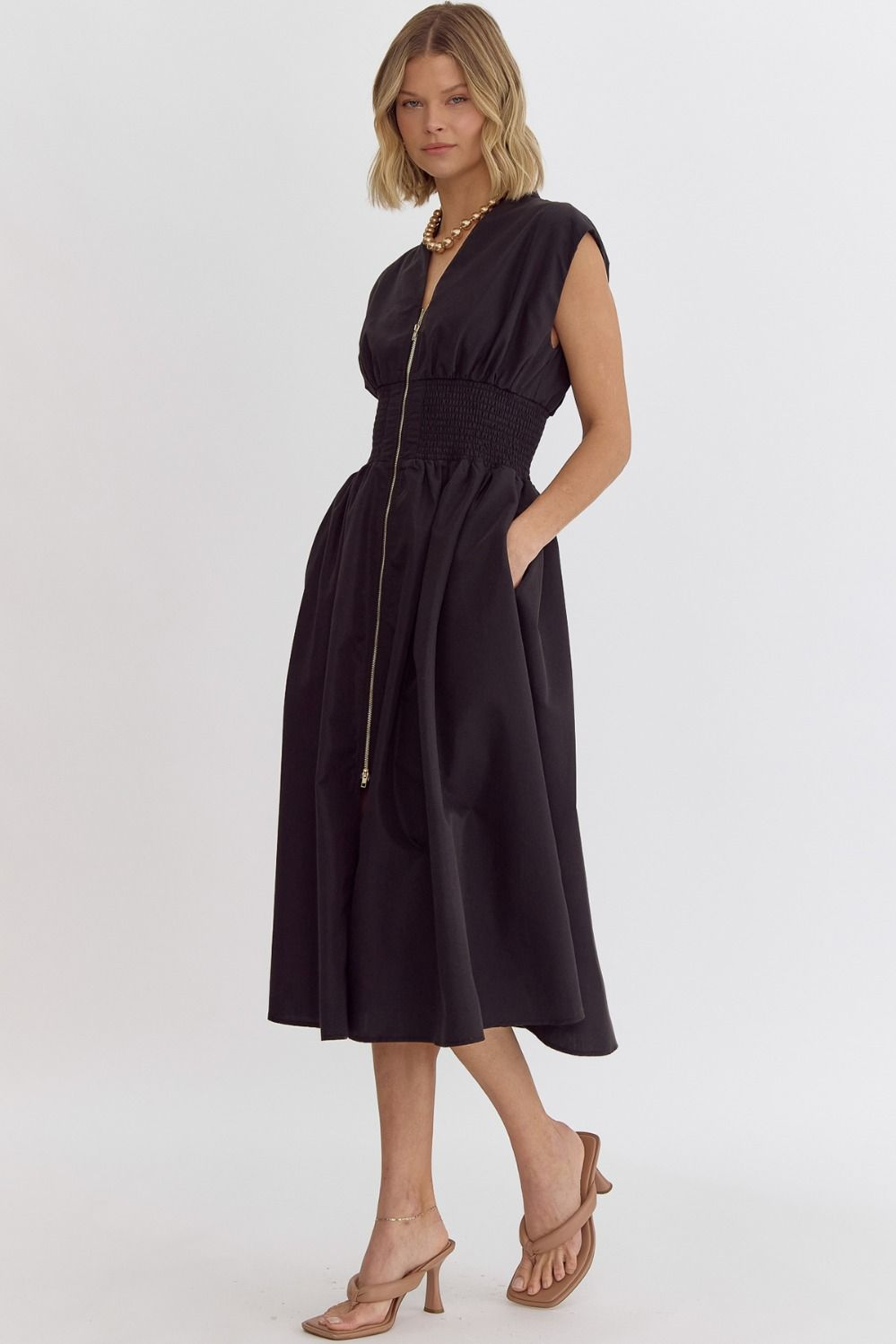 Solid V-Neck Sleeveless Dual Zipper Midi Dress in Black